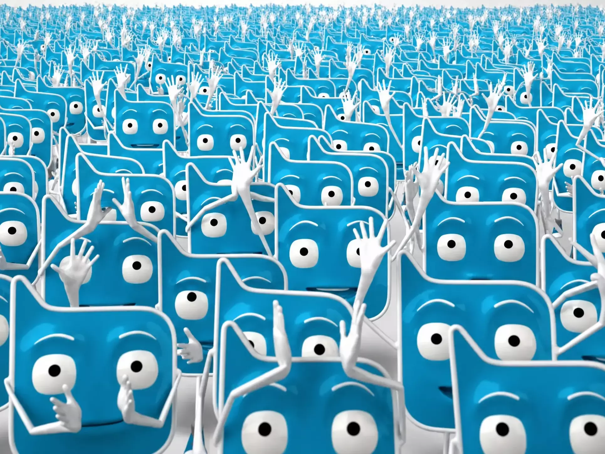 Foule de personnages bleus stylisés levant la main, représentant une large communauté engagée et connectée