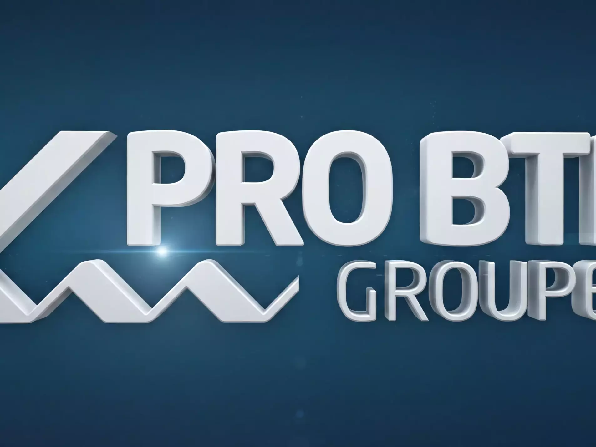 Logo animé Pro BTP Groupe sur fond bleu, utilisé pour une communication audiovisuelle corporate et événementielle.