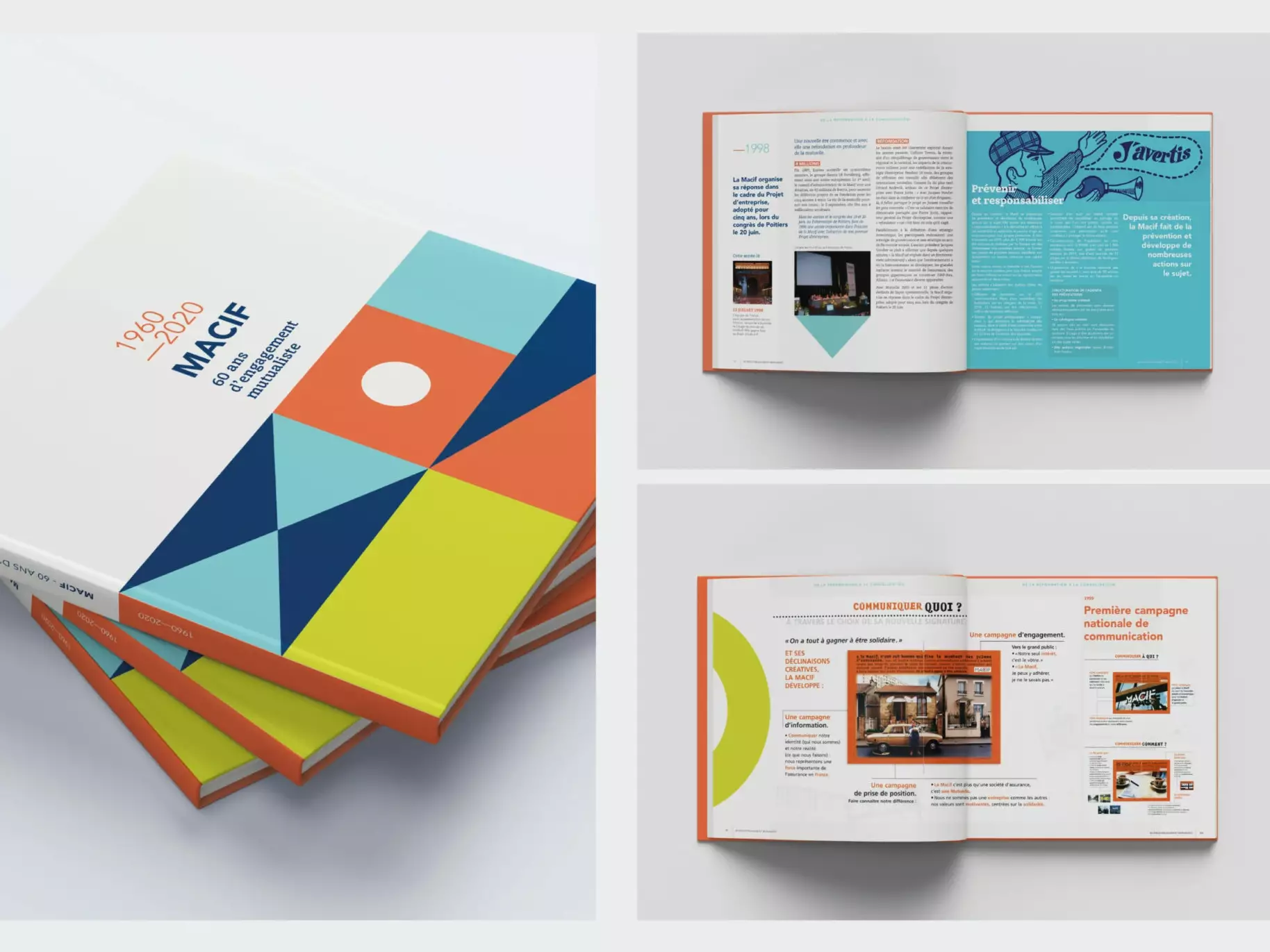 Mockup du livre anniversaire MACIF 1960-2020, 60 ans d’engagement mutualiste, avec couverture graphique et doubles pages intérieures.