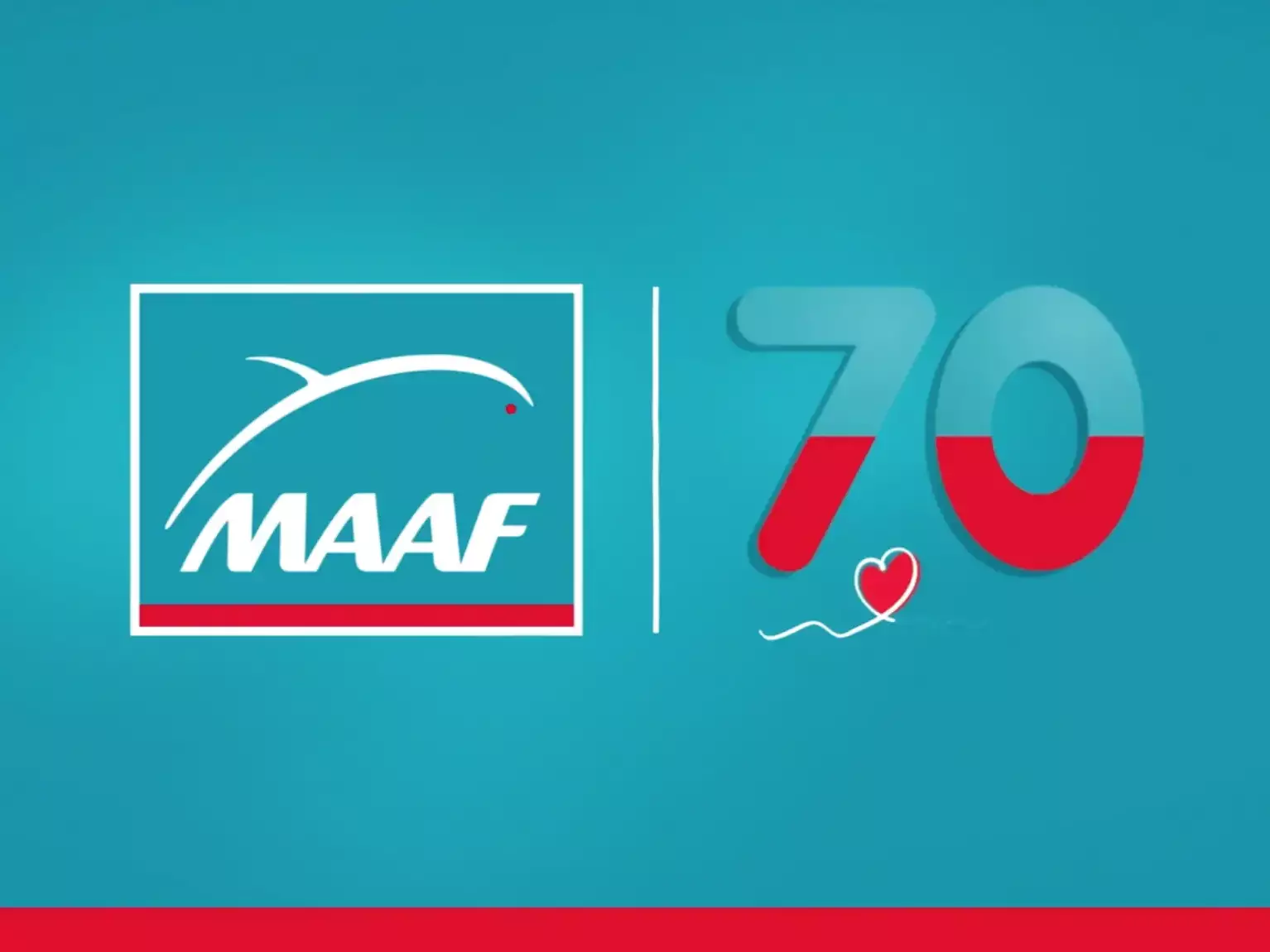 Visuel corporate MAAF célébrant les 70 ans de la marque, avec logo, chiffre anniversaire et cœur graphique sur fond turquoise.