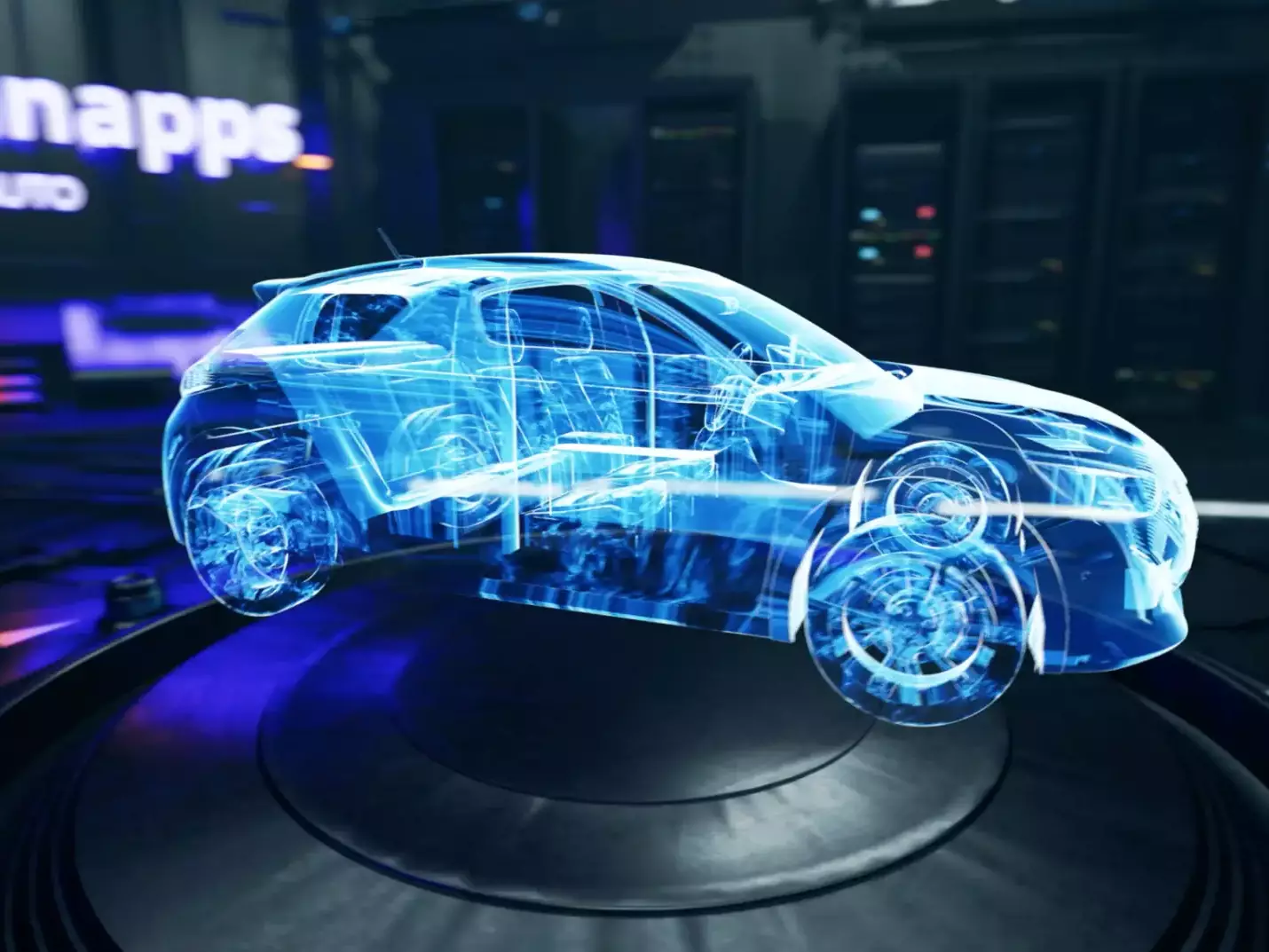 Visuel futuriste d’une voiture en hologramme bleu dans un environnement technologique, réalisé DARVA.