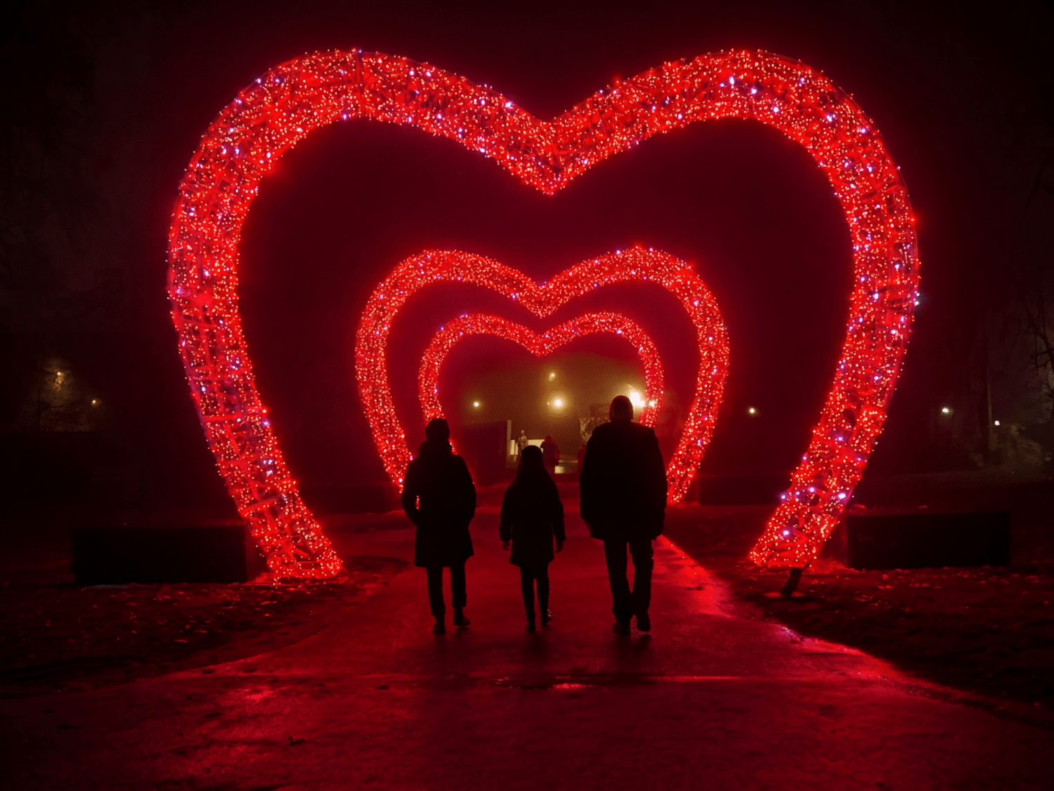 3 grands cœurs lumineux rouges illuminés la nuit dans le parc de l'Abbaye de l'Épau, avec trois visiteurs passant dessous